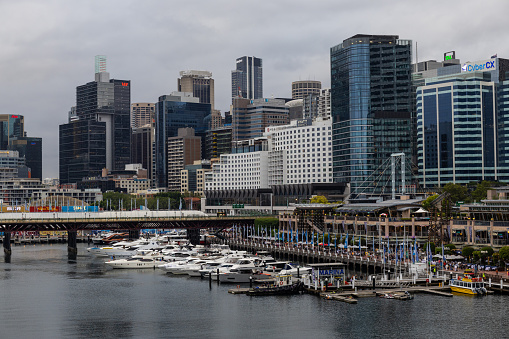 A view of Auckland's Sky Tower and downtown skyline from the Viaduct Marina.
