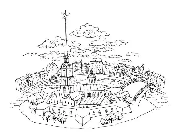 Vector illustration of Peter and Paul Fortress on Zayachy Island in St. Petersburg. The embankment of the Neva River.