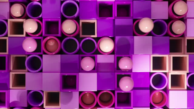 Pastel spheres rest on a grid of purple and pink, a soft 3D pattern of color and geometry.