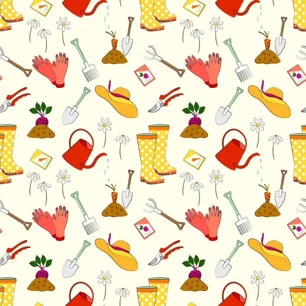 Vector illustration of Spring, garden tool hand draw seamless pattern. Home gardening with rubber boots, watering can, seed pack, spade, organic agriculture hobby  background design