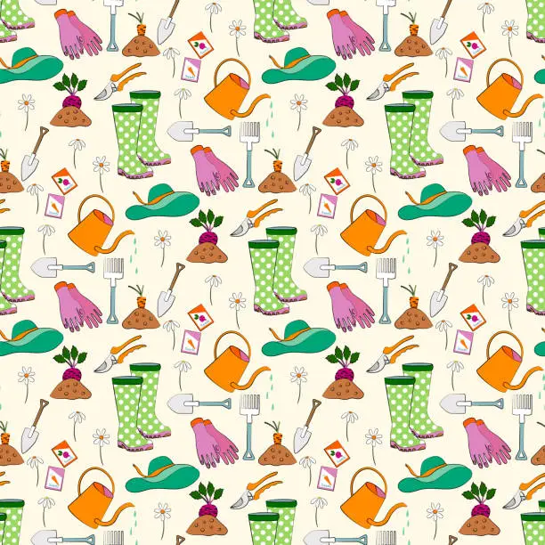 Vector illustration of Spring flowers, garden tool hand draw seamless pattern. Home gardening with rubber boots, watering can, seed pack, spade, organic agriculture hobby  background design