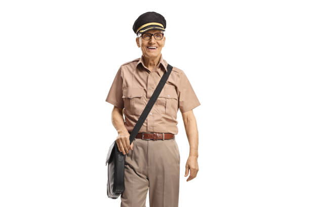 Postman walking towards camera and carrying a bag isolated on white background