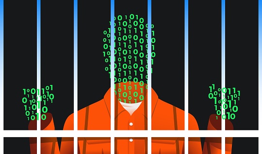 Prisoner made of binary code. Using AI for bad intentions, cybercrime, punishment concept. Vector illustration.