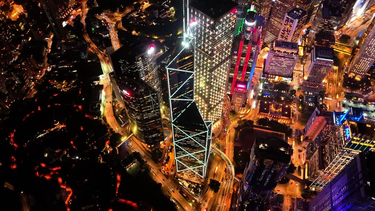 Aerial View of Hong Kong City and Victoria Harbour at night