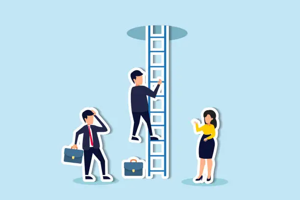 Vector illustration of Motivation and hopefulness drive problem solving, facing challenges with courage to attain freedom and overcome fear concept, businessman climb up ladder to light shining way out.