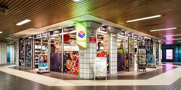 cologne, germany february 28 2024: kiosk in the intermediate level of the rudolfplatz subway station in cologne