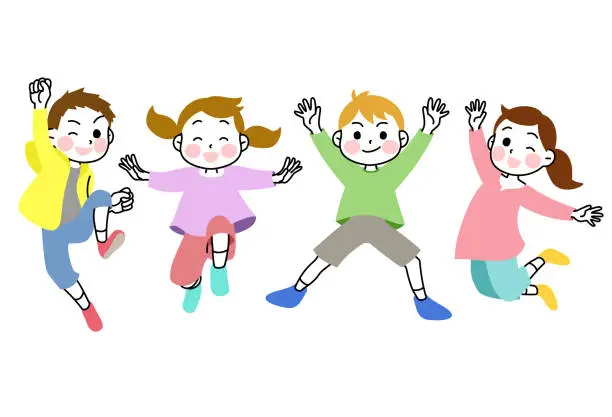 Vector illustration of four happy children jumping isolated on white background.