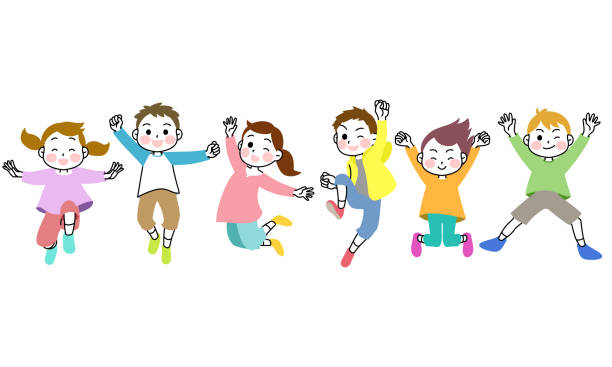 six happy children jumping isolated on white background. six happy children jumping with gray shadow isolated on white background. children only stock illustrations