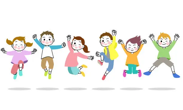 Vector illustration of six happy children jumping with gray shadow isolated on white background.