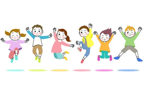 Vector illustration of six happy children jumping with colorful shadow isolated on white background.