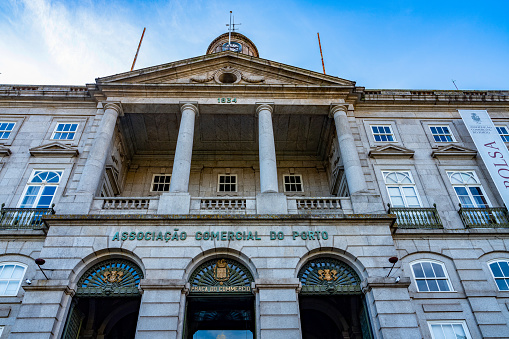 The street view of R. de Ferreira Borges and Associação Comercial do Porto - Stock Exchange Palace (Palácio da Bolsa), Bolsa Palace, Porto, Portugal.