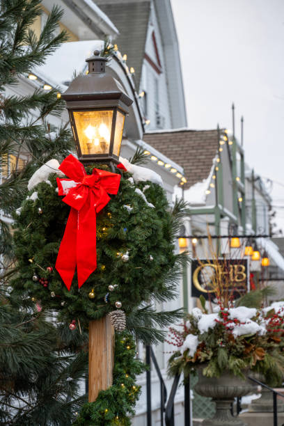 New Hope, USA - January 20, 2024. Street lamp with Christmas decoration in New Hope, Pennsylvania, USA