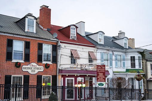 New Hope, USA - January 20, 2024. Facade of historic inn and restaurant in New Hope, Pennsylvania, USA