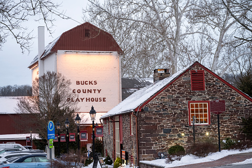 New Hope, USA - January 20, 2024. Bucks County Playhouse at dusk, New Hope, Pennsylvania, USA