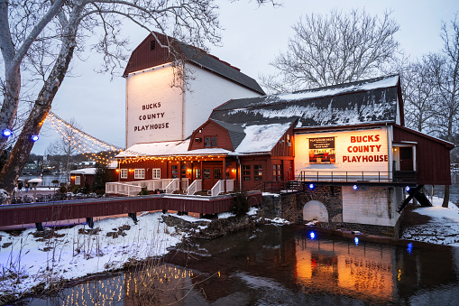 New Hope, USA - January 20, 2024. Bucks County Playhouse at dusk, New Hope, Pennsylvania, USA