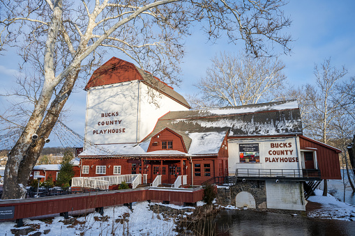 New Hope, USA - January 20, 2024. Bucks County Playhouse at dusk, New Hope, Pennsylvania, USA