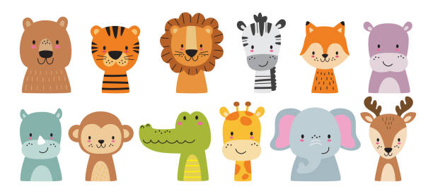 bildbanksillustrationer, clip art samt tecknat material och ikoner med cute wild safari woodland animal faces vector illustration set - djurhuvud