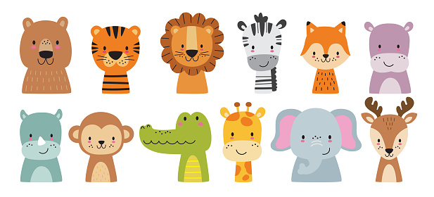 Cute wild animal faces set. Vector illustration of woodland and safari animal faces including a bear, tiger, lion, zebra, giraffe, fox, hippy, rhino, monkey, crocodile, elephant, and dear