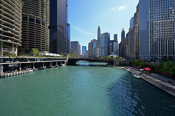 Chicago, Illinois - August 9, 2019: Chicago River and riverfront buildings on clear sunny summer morning.