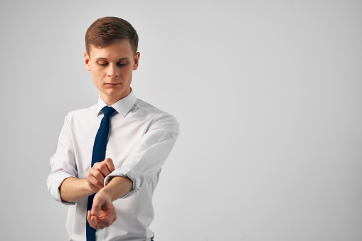 Cheerful business man in shirt with tie office manager professional work. High quality photo