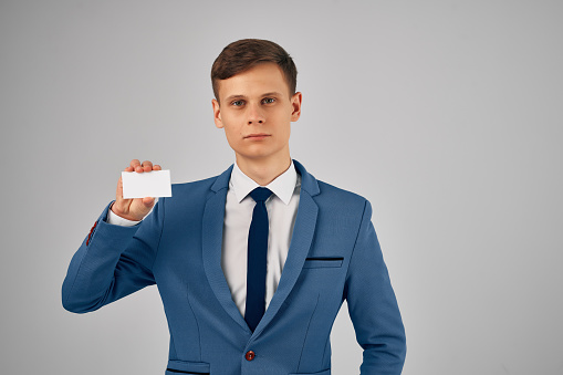 business man in suit with tie business card Copy Space advertising. High quality photo