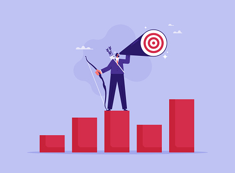 Search for business target or goal concept, mission or objective to achieve to reach goal or destination, businessman on statistics graph look through telescope to find target or goal