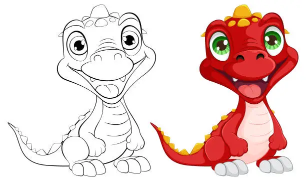 Vector illustration of Illustration of a dragon in two stages, sketch and colored.