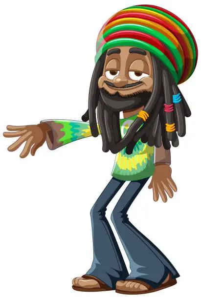 Vector illustration of Cartoon Rastafarian man gesturing a friendly welcome.