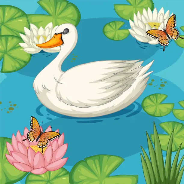 Vector illustration of Vector illustration of swan with butterflies and lilies.