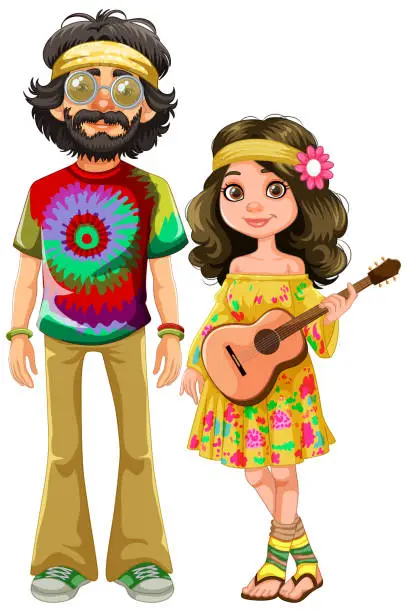 Vector illustration of Cartoon of a hippie couple with colorful attire and guitar.