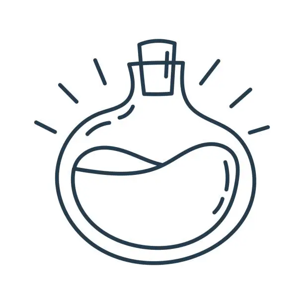 Vector illustration of Vector round flask with cork with magic potion doodle linear cartoon