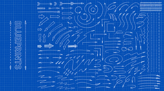 Hand drawn blue print arrow vector drawing illustration doodles. Background grid is seamless