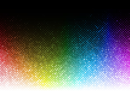 Rainbow colored half tone vector dots textured glittering gradient pattern on black background