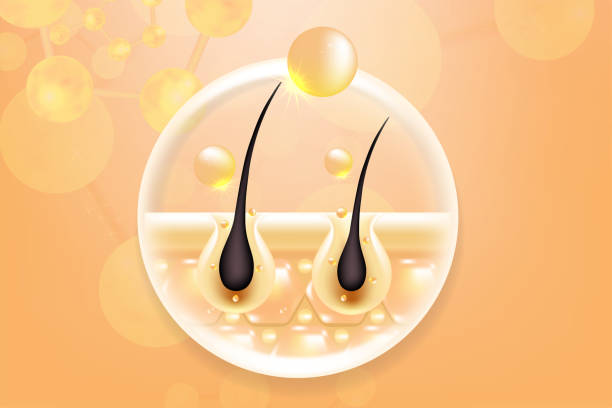 istock Hyaluronic acid and Niacinamide hair and skin solutions ad, gold collagen serum drop over skin cells with anti-aging cosmetic advertising background ready to use, illustration vector. 2052049708