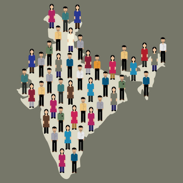 istock massive group of people standing on Indian Map represent the population of Indian country 2052063776