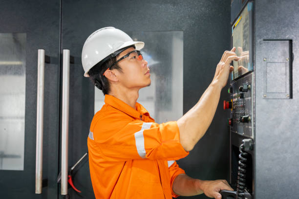 istock Asian Japanese engineer empowered in safety PPE, expertly controlling a milling machine for factory precision. 2052075496
