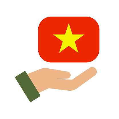 Person holding Vietnam flag icon. Editable vector.
