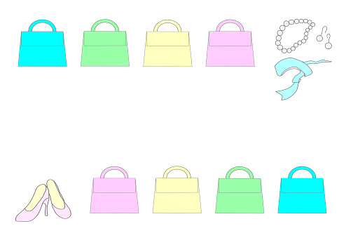 Frame of colorful pastel-colored handbags lined up