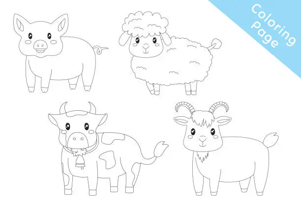 Vector illustration of Cute Farm Animals Coloring Page Vector