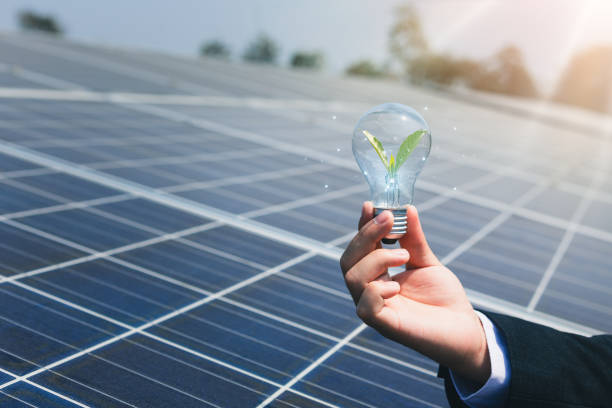 istock Businessman's hand holds a light bulb on a solar panel future energy investment innovation, Creative ideas for friendly energy Renewable and alternatives clean from sun good for the environment global 2052120676