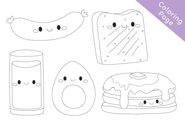 Vector illustration of Cute Breakfast Foods Doodle Coloring Page Vector