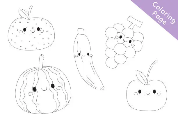 Vector illustration of Cute Happy Fruits Coloring Page Vector
