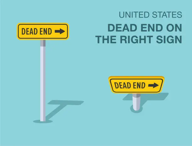 Vector illustration of Traffic regulation rules. Isolated United States dead end on the right road sign. Front and top view. Vector illustration template.