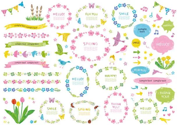 Vector illustration of Spring flowers, plants and insects illustration frame set