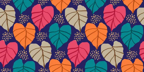 Vector illustration of Hand drawn colorful colocasia leaves tropical seamless pattern