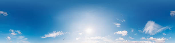 istock Clear blue summer sky panorama with Cumulus clouds. Seamless hdr spherical 360 panorama. Sky dome in 3D visualization, sky replacement for aerial drone 360 panoramas. Weather and climate change 2052153714