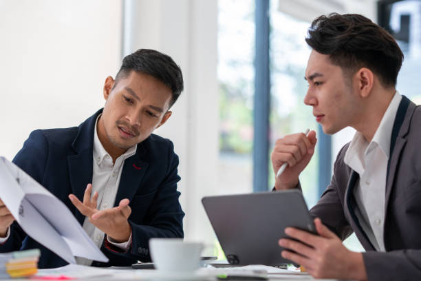 istock Business planning, office trainee, cooperate work with colleague, Office worker discussing work plan of marketing 2052170138