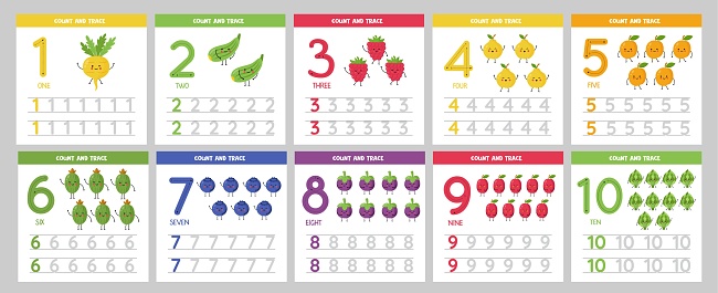 Set of number tracing flashcards with cute kawaii fruits and vegetables. Learning numbers for kids.