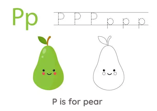 Vector illustration of Tracing alphabet letters with cute fruits and vegetables. Color cute cartoon pear. Trace letter P.