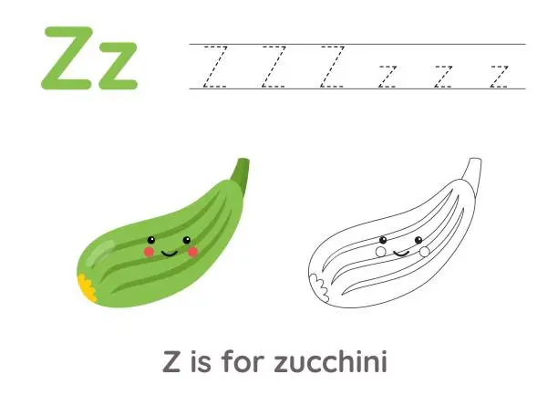 Vector illustration of Tracing alphabet letters with cute fruits and vegetables. Color cute cartoon zucchini. Trace letter Z.